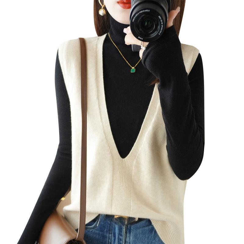 Knitted Sweater Vest Women Waistcoat Autumn Loose Heart Hollow V-Neck Irregular Pullover Vest