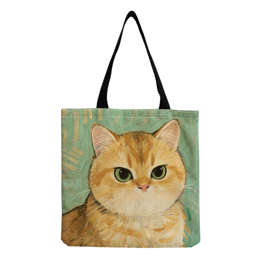 Women Vintage Linen Tote Bag - Large Capacity Cat Print Shoulder Handbag for Casual & Grocery Shopping KTB