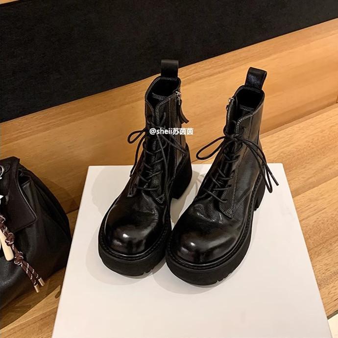 , legs and spice girls~ washed cowhide lace-up thick heel locomotive outdoor short boots women's autumn and winter Martin boots