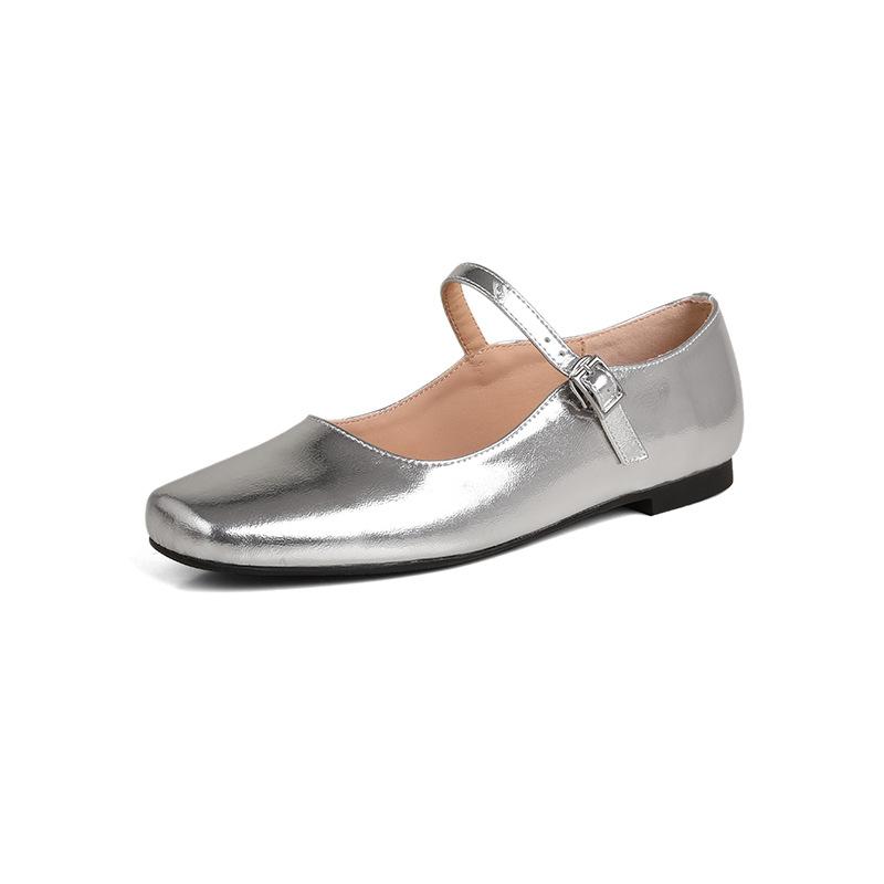Leather One-word Belt Silver Mary Jane Shoes Light Mouth Round Head Single Shoes Women's 2025 Spring New Women's Shoes Korean Version Trend