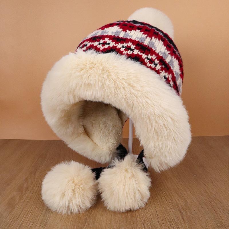Retro Autumn and Winter Thickened for Keep Warmth Lei Feng Hat Women Fluffy Fur Ball Ear Protection Knitted Mao Line Hat