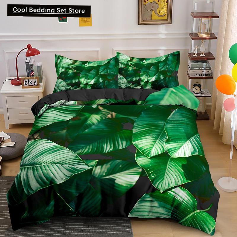 Příroda Tropické Zelené Listy Král Královna Ložní Souprava Deštný Prales Džungle Rostlina Povlak na Přikrývku 3D Botanický Polyesterový Povlak na Peřinu