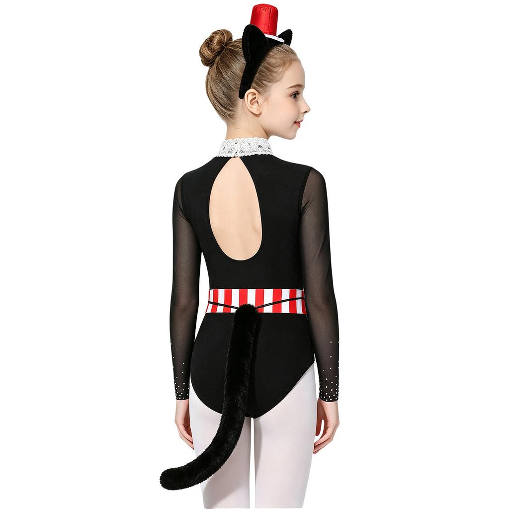 Kids Themed Party Halloween Costume Mock Neck Long Sleeve Bowknot Sequin Mesh Patchwork Bodysuit with Hair Hoop Faux Tail for Cosplay Stage