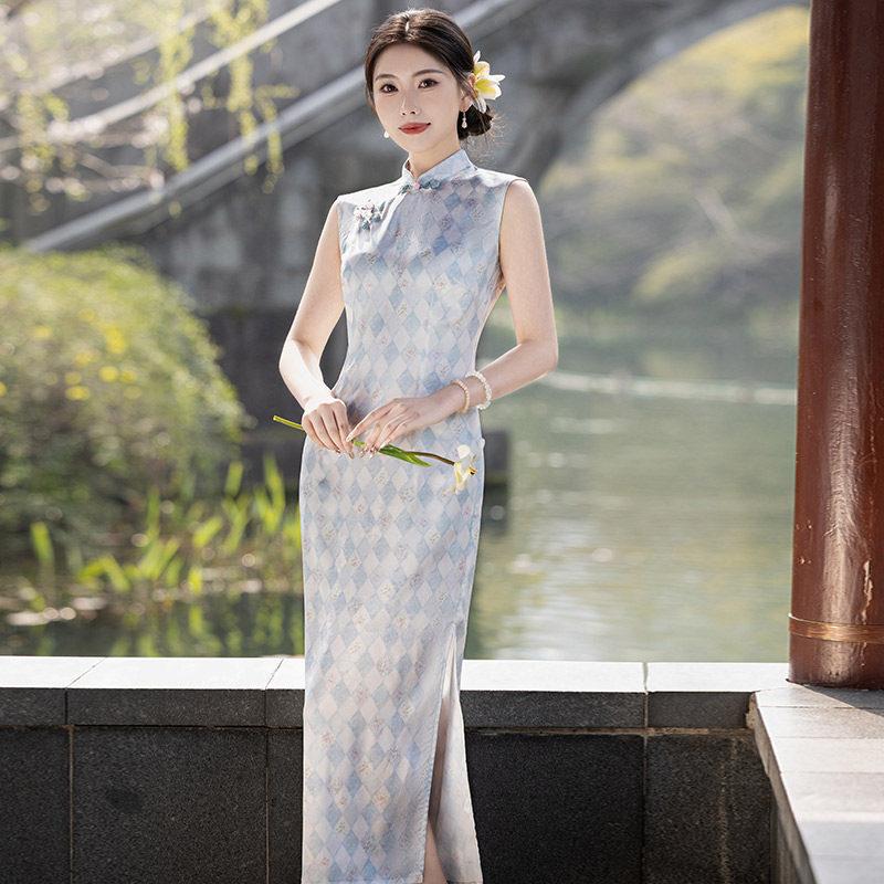 Plaid sleeveless national style new Chinese long cheongsam improved young new women s high sense summer S