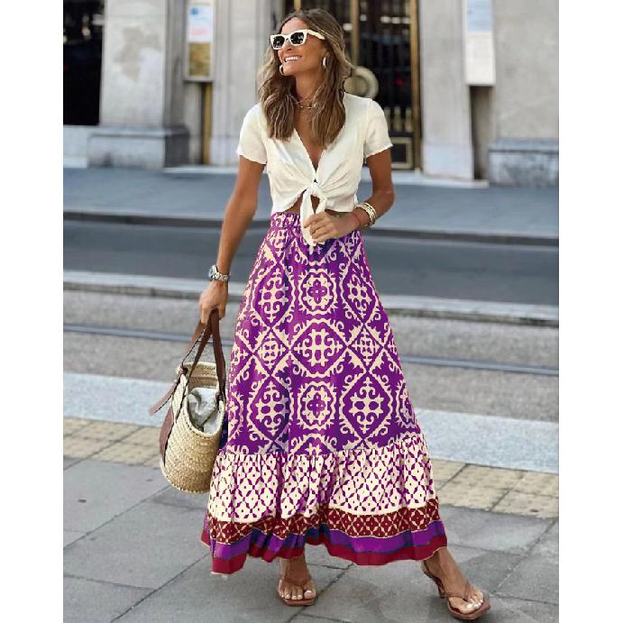New Half Length Skirt Summer Edition Printed Loose Splicing Large Swing Skirt For Women