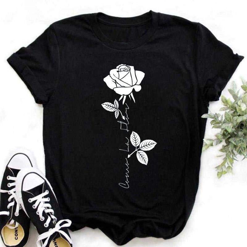 New Fashion Golden Rose Print Ladies T-shirt Harajuku Casual Round Neck Top
