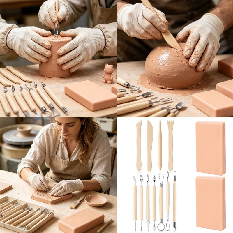 Manual Clay Sculpting Tool Set with Mixed Metal Ends, Wood Grip Pottery Carving Tool for Figurine Work, Pottery Craft Practice Daily