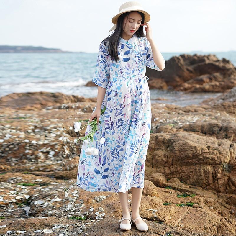 Johnature Women Vintage Bandage Dress Turn-down Collar Half Sleeve Print Floral Summer Button A-Line Dress