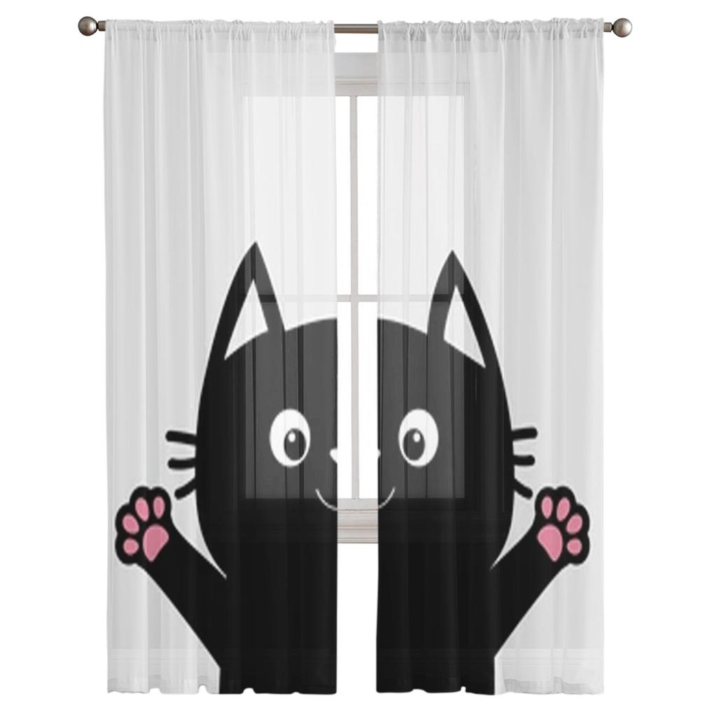 Black Cat Chiffon Sheer Curtains For Living Room Bedroom Decoration Window Tulle Curtains Drapes