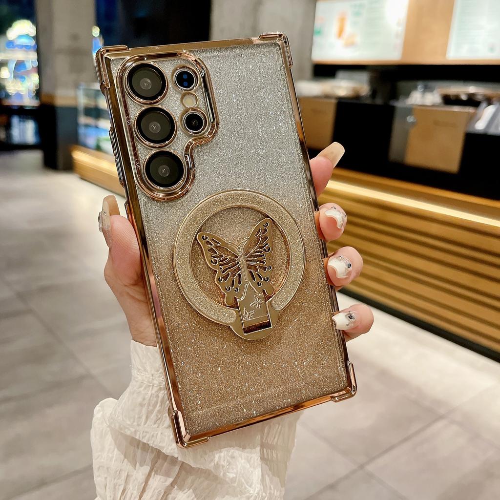 Samsung S25FE Butterfly Flashing Powder Bracket Magnetic Suction Mobile Phone Case Suitable for S24 Four Corner Airbag Anti Fall A06 Protective Case