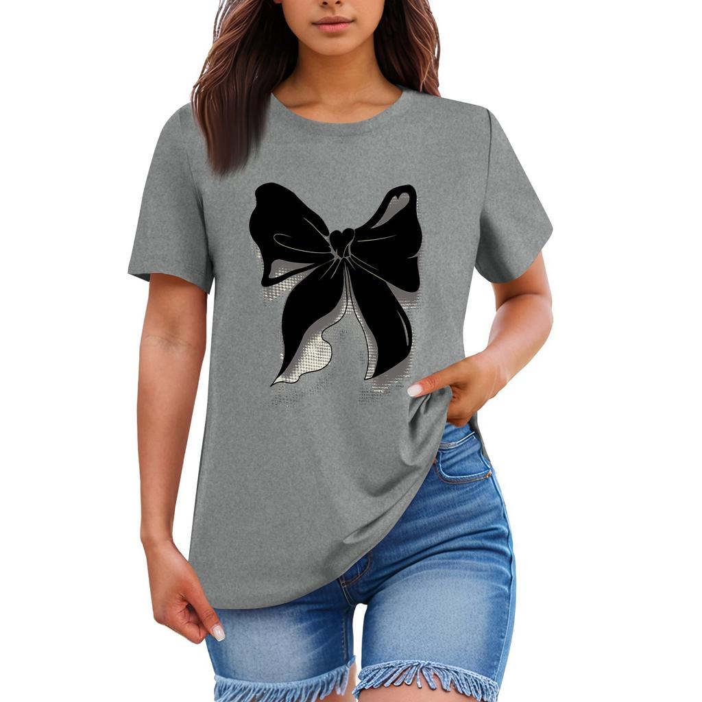 Ladies' Loose Comfortable Casual Fashionable  Bow Pattern Printed Round Neck Short Sleeved Shirt