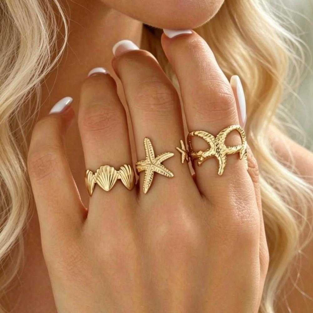 3/5Pcs Gold Color Finger Open Rings Conch Geometric Rings Vintage Starfish Open Ring Set Women