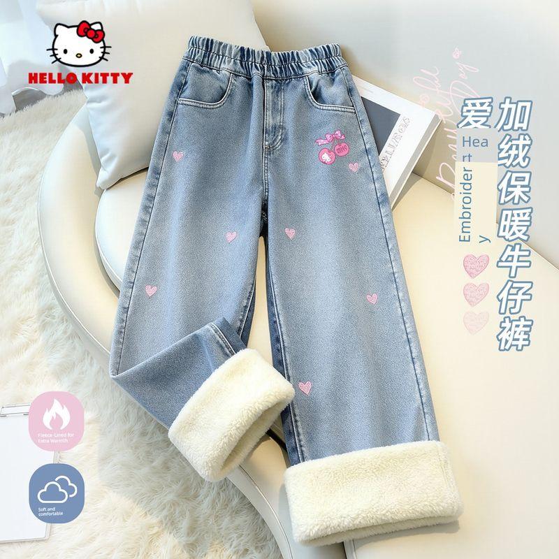 Hellokitty Girls' Fleece-Lined Pants 2025 New Children's Jeans Thickened with Integrated Fleece Straight-Leg Pants for Girls