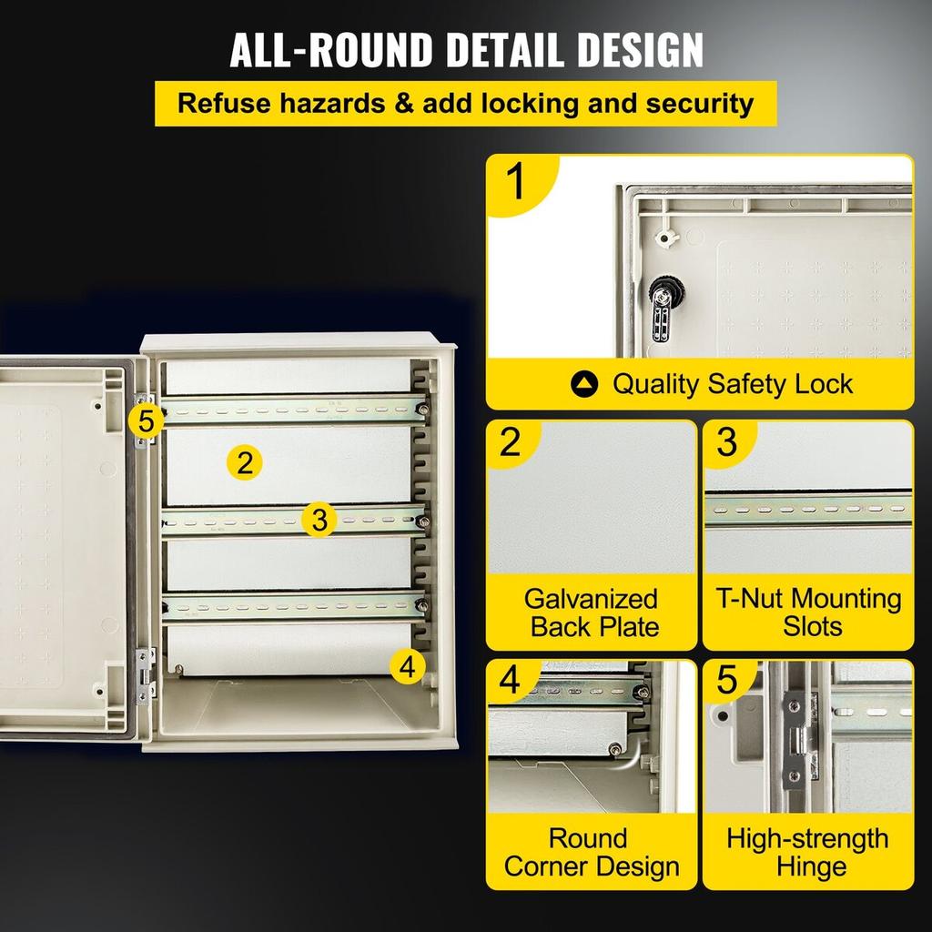 NEMA Fiberglass Enclosure, 16 x 12 x 8 in NEMA 4X Fiberglass Electrical Box, IP66 Waterproof & Dustproof, Outdoor/Indoor Electrical Junction Box, with