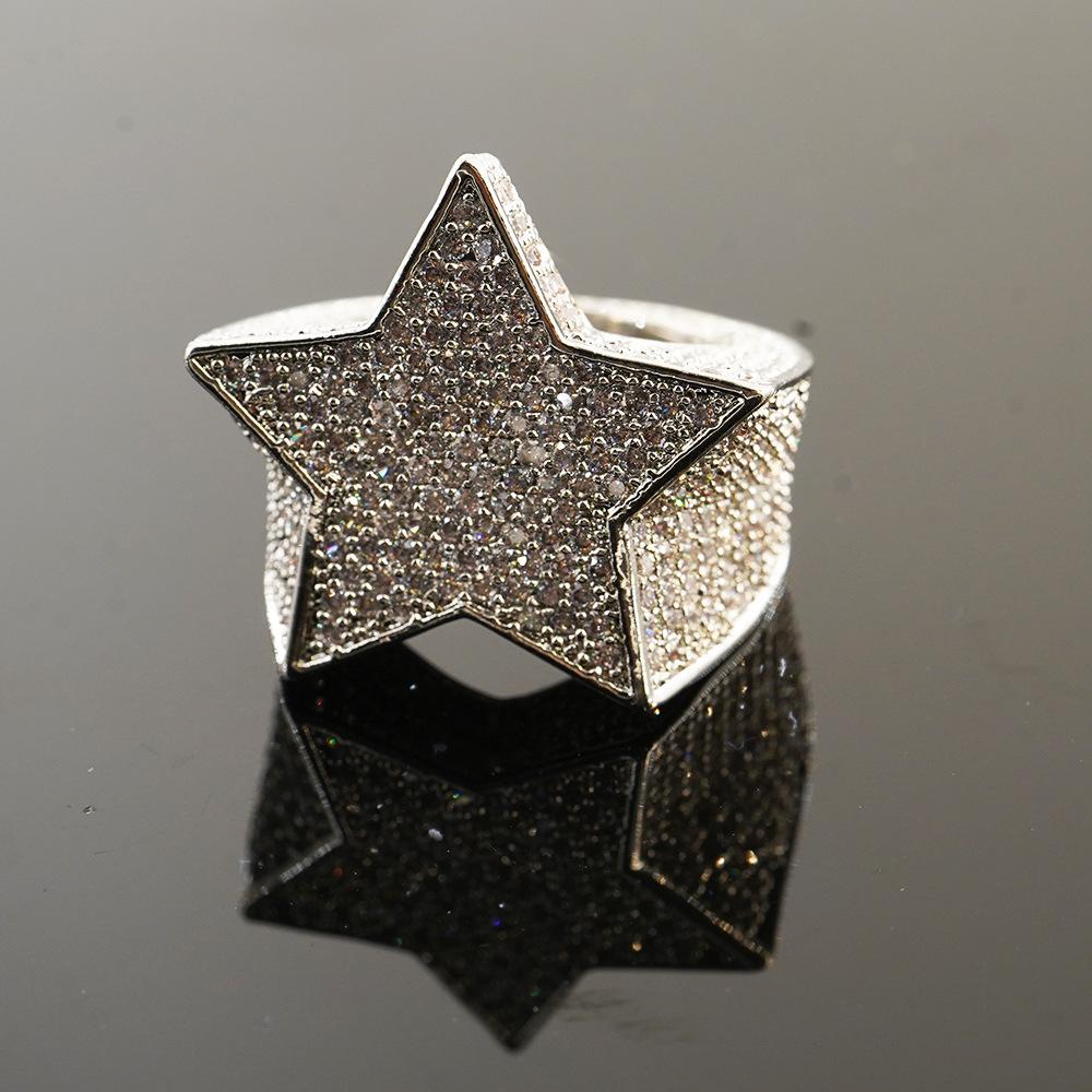 Europäischer und Amerikanischer Beliebter Retro Pentagramm Ring mit Zirkonia an allen Seiten, Hip Hop Herren Trendiger Champion Ring