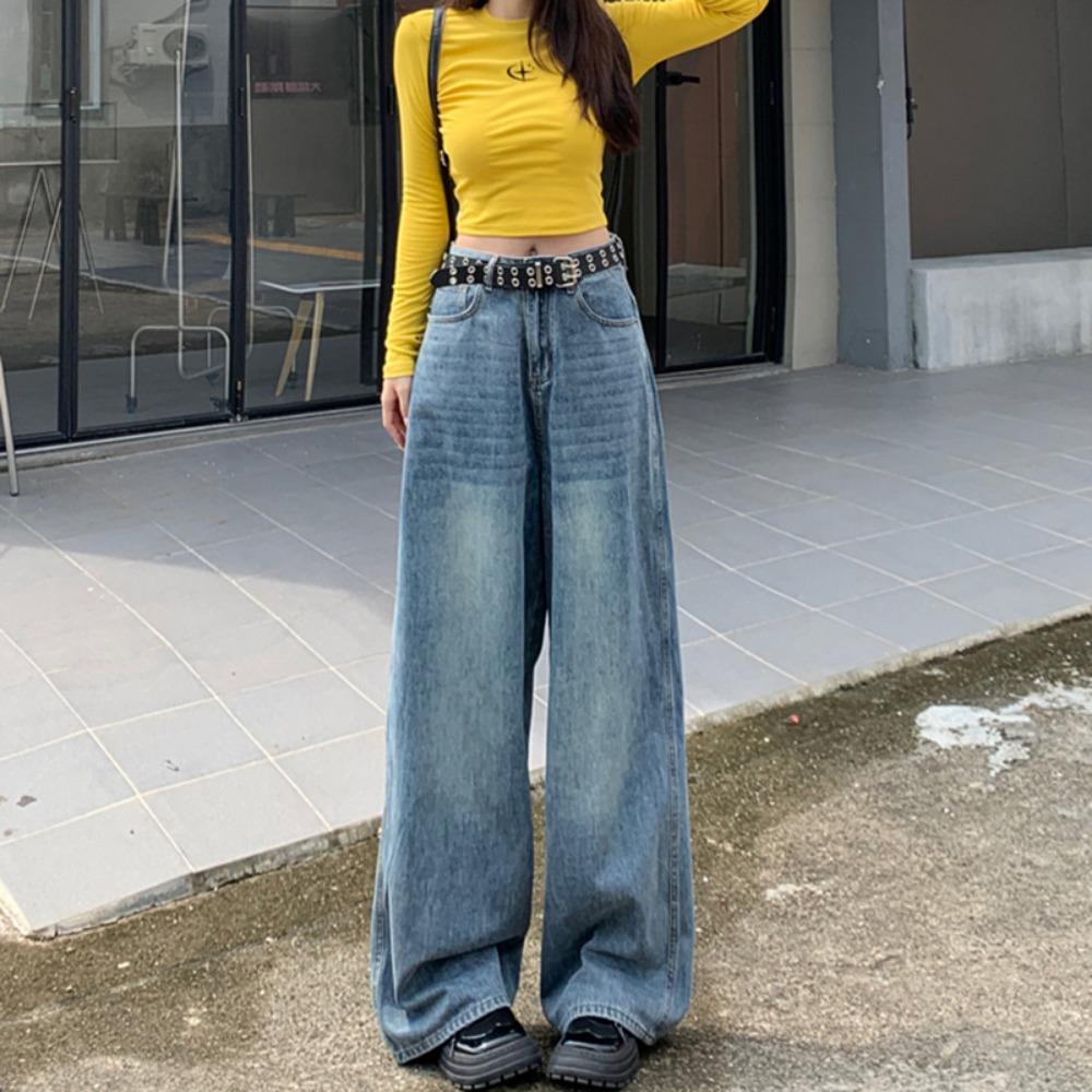 

American retro high-waisted loose wide-leg pants versatile drape straight jeans women s early autumn extended pants 2XL