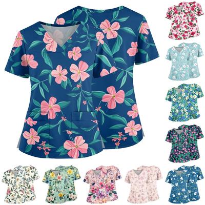Floral Print V Neck Medical Scrub Top with Pockets and Side Slits Short Sleeve Nurse Uniform Shirt for Women