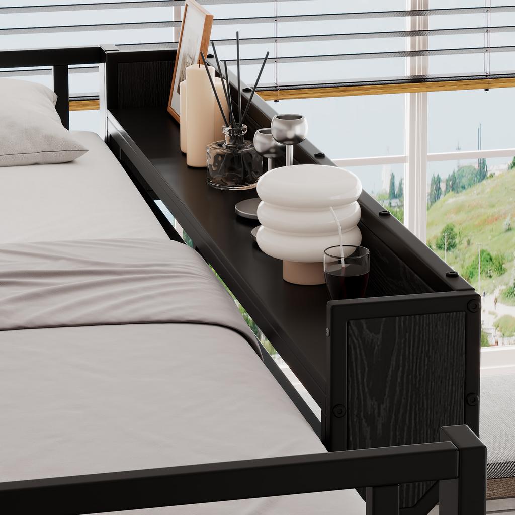 Letto in Ferro, Letto a Soppalco, Doppio Strato di Stoccaggio Sotto la Scrivania, Letto Superiore con Stoccaggio, Con Armadio, Ferro + MDF, Nero, 140x200cm