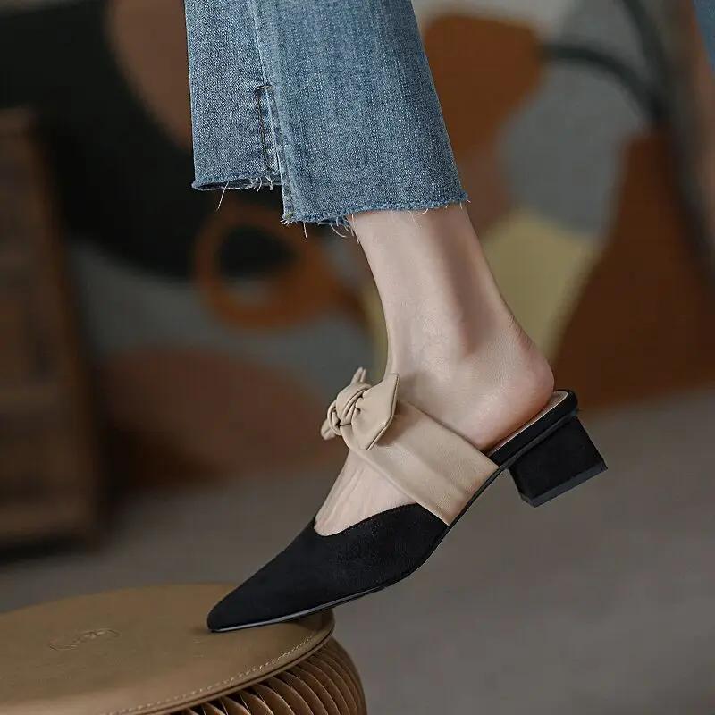 New Pointed Female Butterfly-Knot Women 2024 Slippers Casual Square Heel Loafers