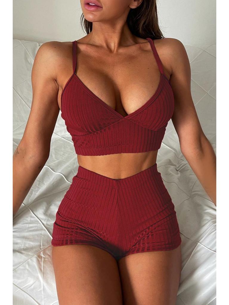 Women's Ribbed Solid Color Bikini - Sexy Flat Angle Swimsuit, In Stock