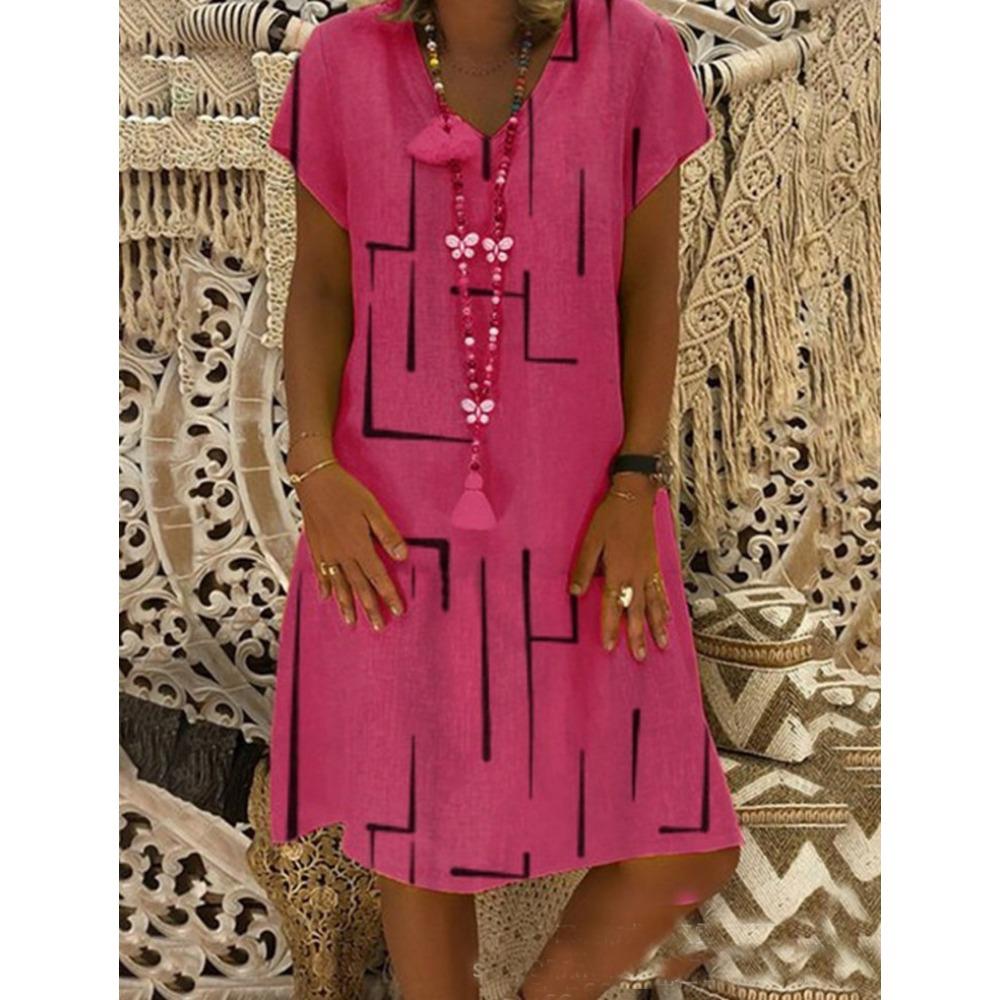 Women Summer Dress V Neck Short Sleeve A Line Printed Dress Abstract Swirl Pattern Red White Casual Everyday Dress Fashion