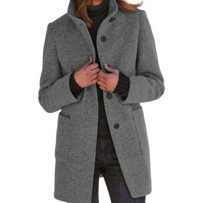 Women Winter Overcoat Single-breasted Retro Stand Collar Long Sleeves Buttons Cardigan