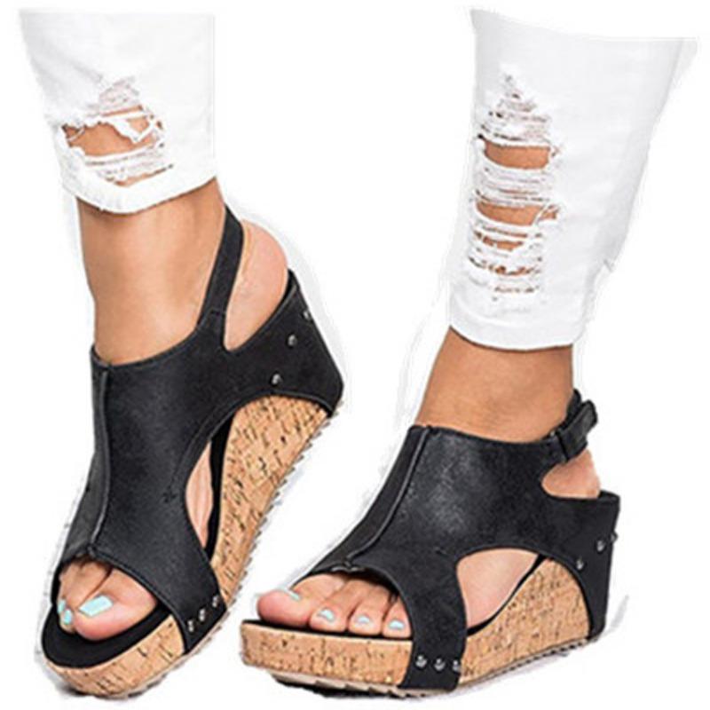 Spring and summer new rivet wedge heel fish mouth sandals women's large size waterproof table hollow high heel women's sandals