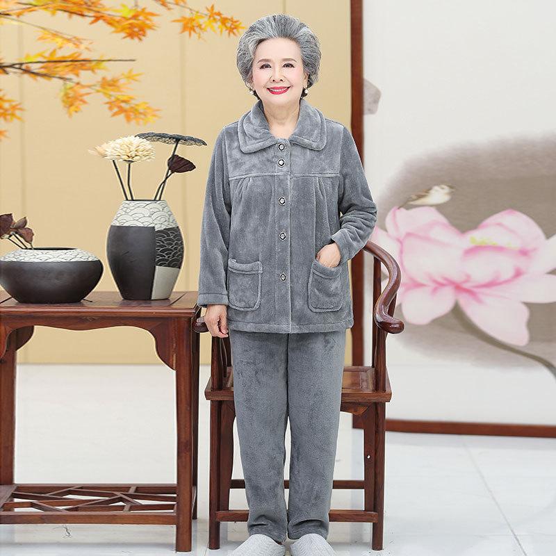 

Бабушкина пижама Свободный Осенне-зимний Теплый С длинным рукавом Брюки Костюм для дома Однотонный Повседневный костюм XXL