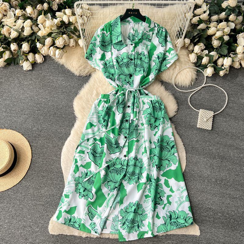 

Elegant Dress Women s Summer Dress New Arrival Elegance Print Shirt Skirt Stylish Pocket Waist-Tight Single-Breasted Dress Cyan One size