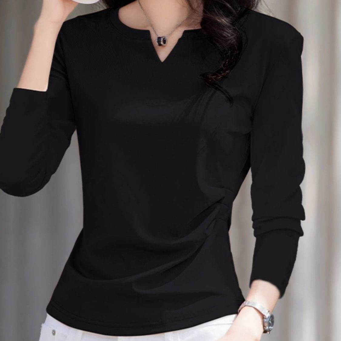 

Женский топ большого размера с V-образным вырезом, длинными рукавами, сборкой на талии и эффектом похудения - 2025 Осень Универсальная базовая одежда для ношения под низ S [Below 95 jin]