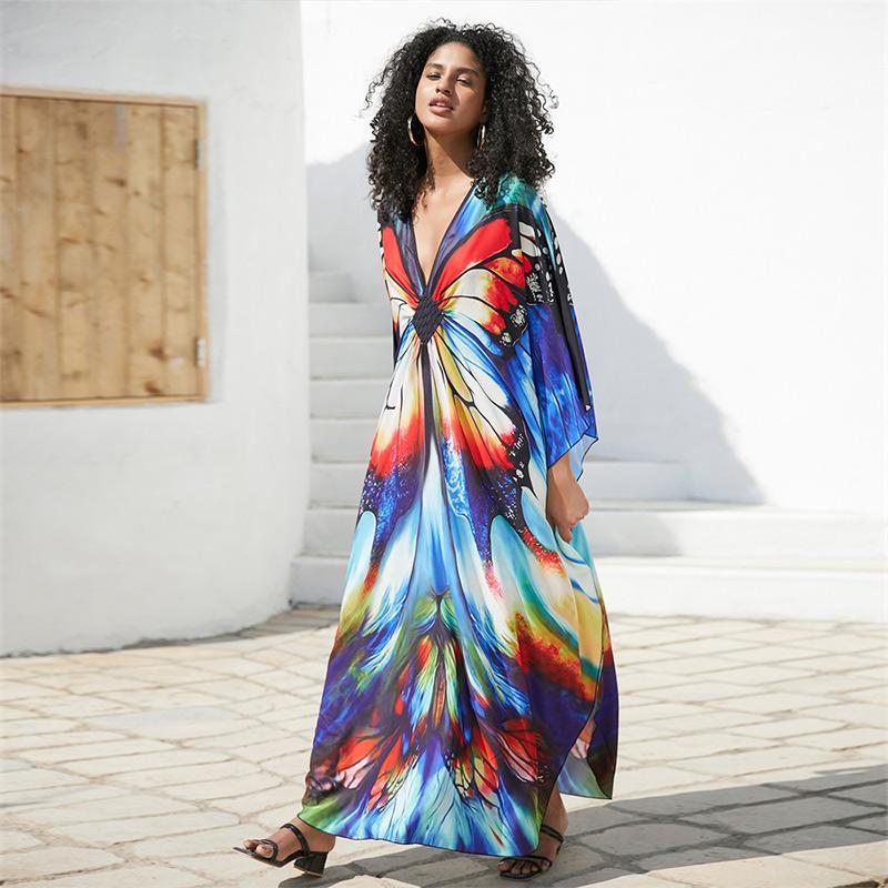 EDOLYNSA 2024 Plus Size Bunter Schmetterlingsdruck Handgestrickt V-Ausschnitt Lässiger Kaftan Damen Hauskleid Sommer Beachwear Badeanzug Cover Up Q1634