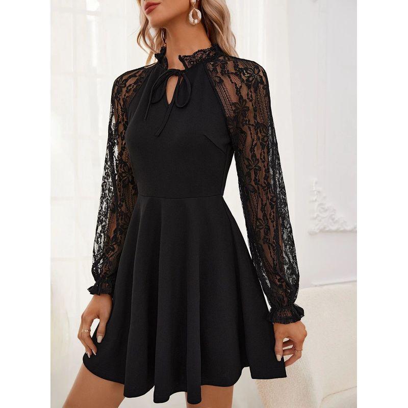 Lace Lace-Up Long-Sleeved Dress