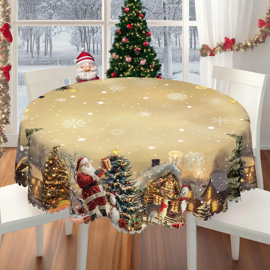 1 Stück weihnachtlich bedruckte Tischdecke mit Golddruck, Vintage-Stil, mit Designs von Weihnachtsmann, Schneemännern, Bauernhaus und Weihnachtsbaum, geeignet für