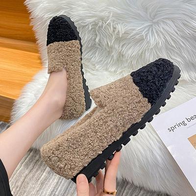 Mocassins Femme Fourrure Laine Bouclée Couleurs Mélangées Mode Ballerines Fourrure Ins Chaussures Hiver Peluche Femmes Semelle Épaisse Mocassins Molletonnés Grande Taille 34-43