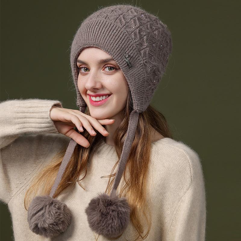Cute Knitted Hat Thickened Cold-proof and Warm Rabbit Hair Pullover Hat Autumn and Winter Ear Protection Wool Hat