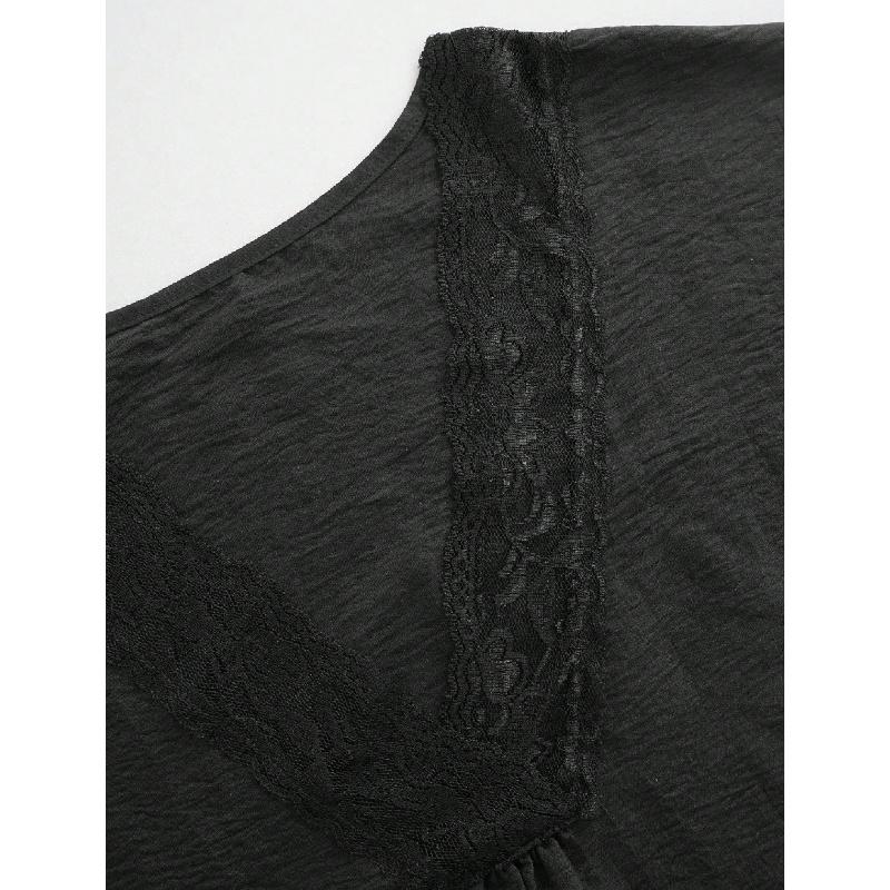 V-neck lace patchwork short-sleeve T-shirt women's summer new loose fashion top