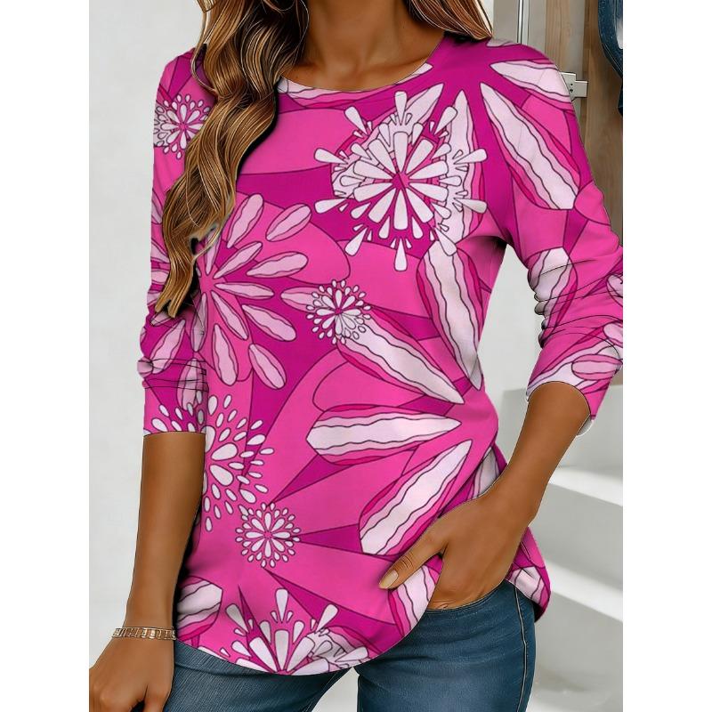 Women's purple floral print long-sleeved loose-fitting round neck top, casual everyday style with an elegant design.