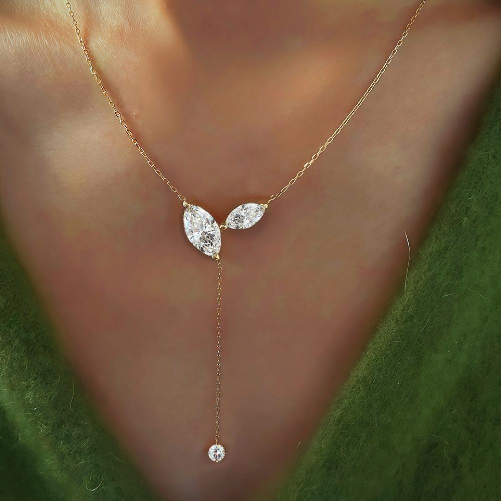 

4cttw Marquise Cut Full Moissanite Diamond Pendant Necklace for Women 100% S925 Silver 3-Stone Y-Style Long Tassel Neck Chain 3-1Carat Zircon золотой