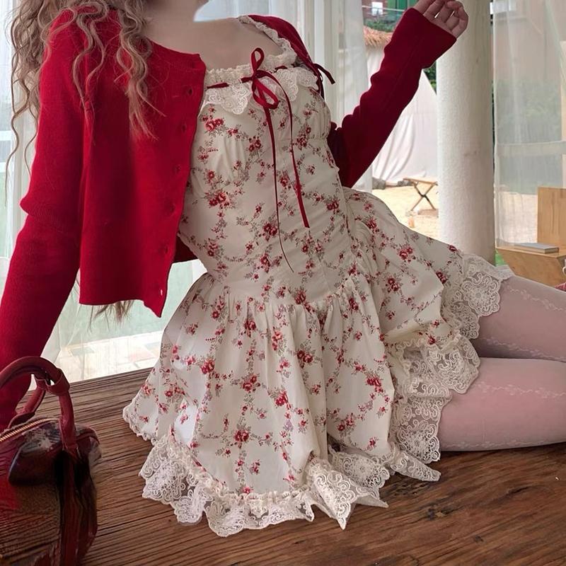 Sweet Floral Dress Set Woman Casual Red Short Cardigan Elegant Lace Mini Dress Female Korean Prairie Chic Clothing Suit