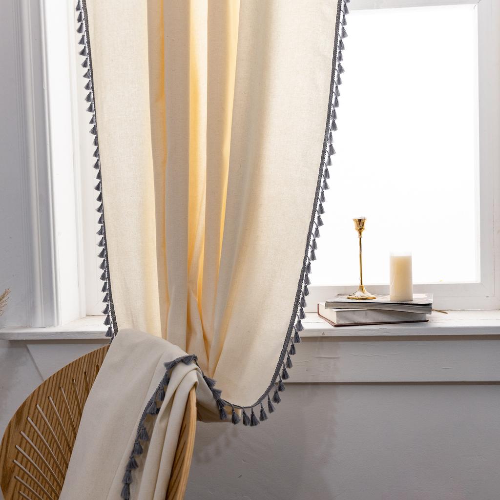 Curtain Finished Solid Color Cotton And Linen Fringed Semi-Blackout American Kitchen Floating Curtains Direct Supply
