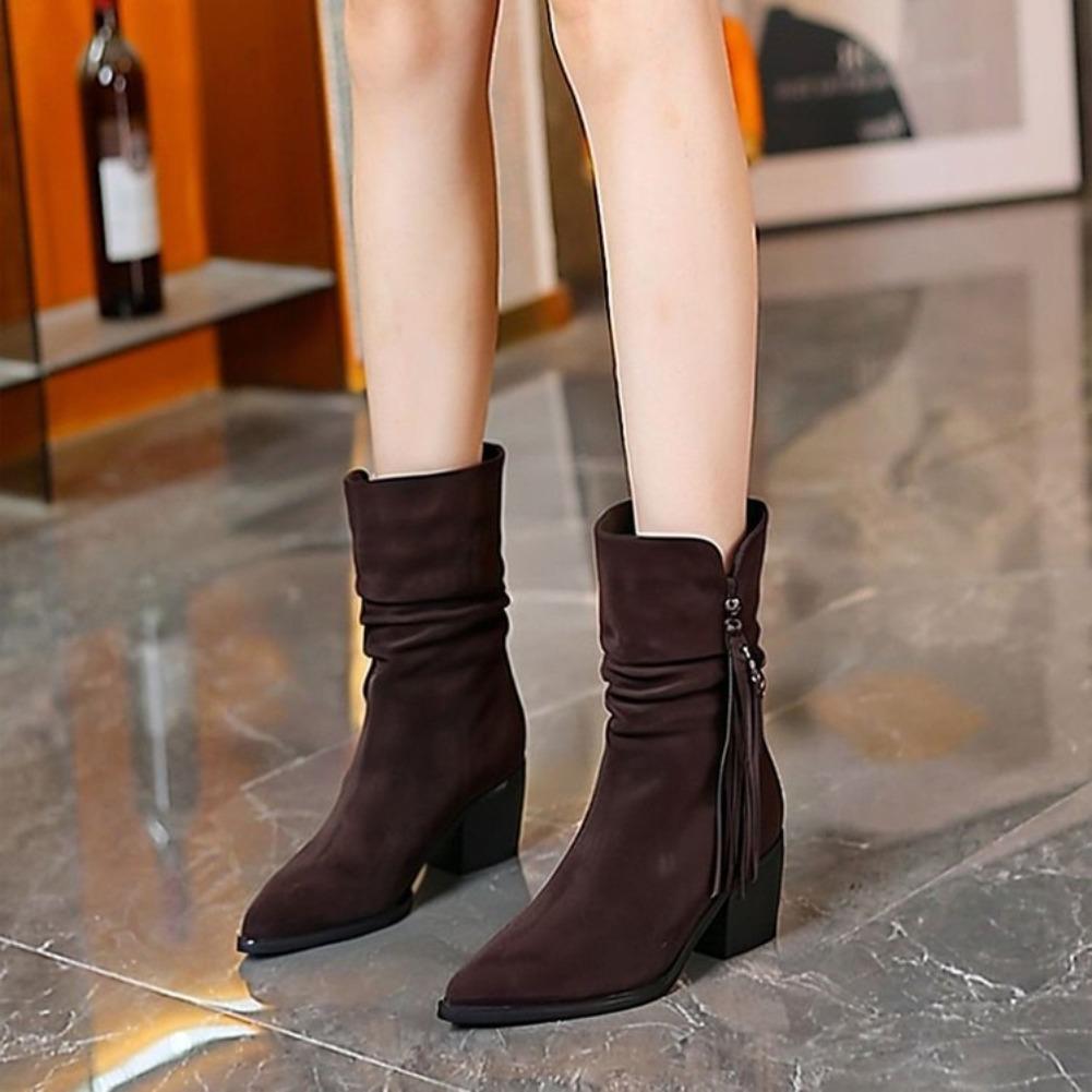Fashion Winter 2025 Collection of Suede Fringed High-heeled Boots for Women Pointed-toe Chunky-heeled Ankle Boots Fashion Boots