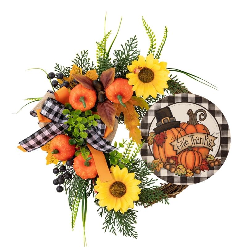 

Harvest Festival Theme Door Wreath Pumpkins and Maple Leaf Garlands for Indoor Outdoor Thanksgiving Party Supplies 1