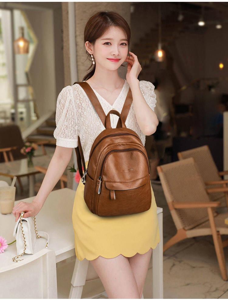 Women's Korean Style Versatile 2025 Large Capacity Soft Leather Backpack