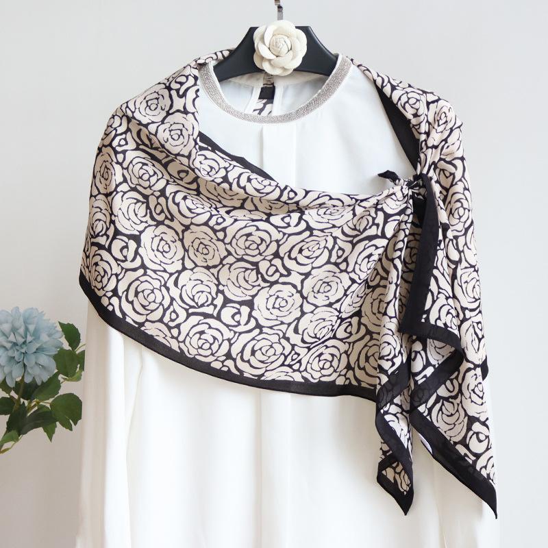Temperament black and white double crepe silk long scarf French rose mulberry silk silk scarf scarf scarf printed silk scarf 140*35CM