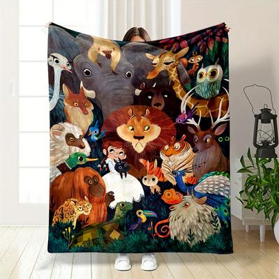A Colorful Gathering of Various Animals and a Person In a Forest Setting. for All Seasons Blanket Lunch Break Throw Gift