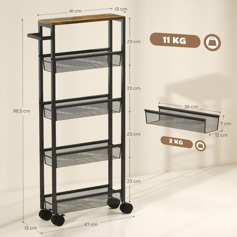 Kitchen Cart Serving Trolley with 5 Levels, Rolling Cart Kitchen Shelf with Worktop, Wheels, Handle, 47 x 13 x 96.5 cm, Black