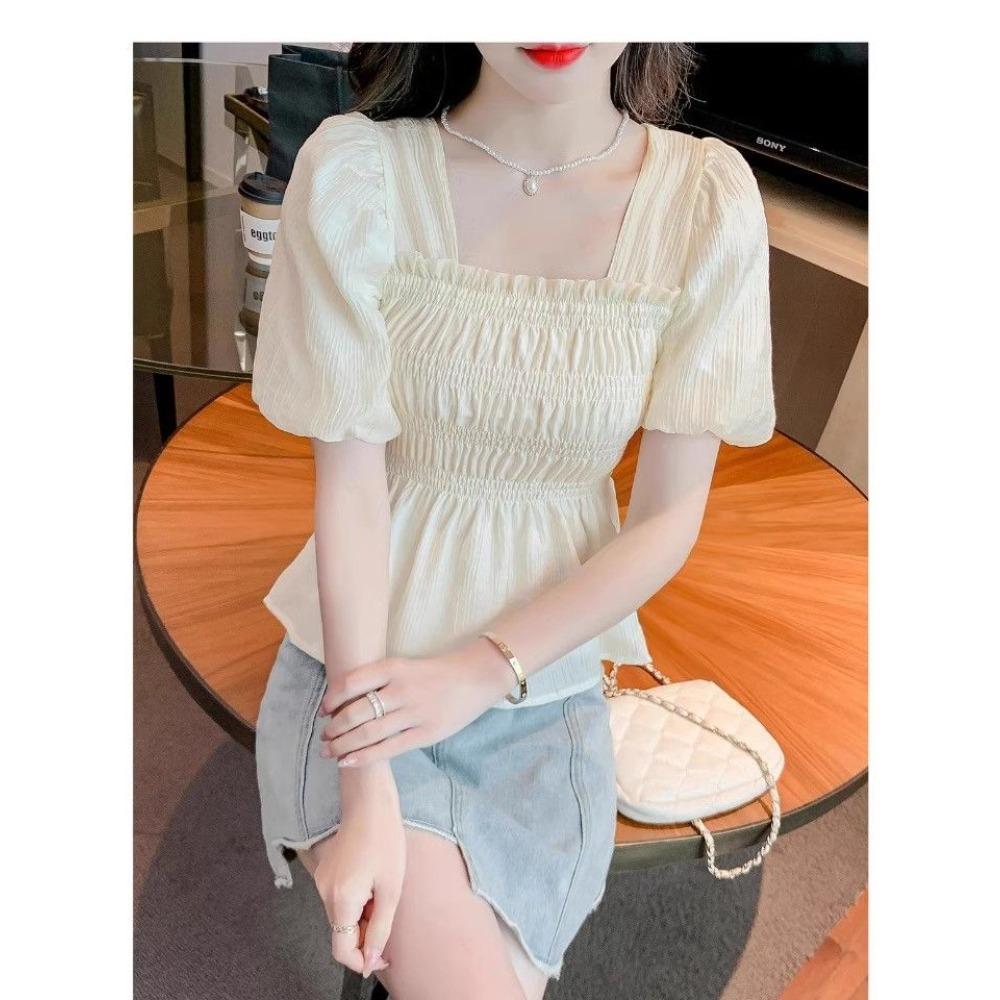 Chiffon Shirt for Women Short-sleeved Waist-hugging Shirt Fashionable High-end and Chic Puff Sleeve Square Collar