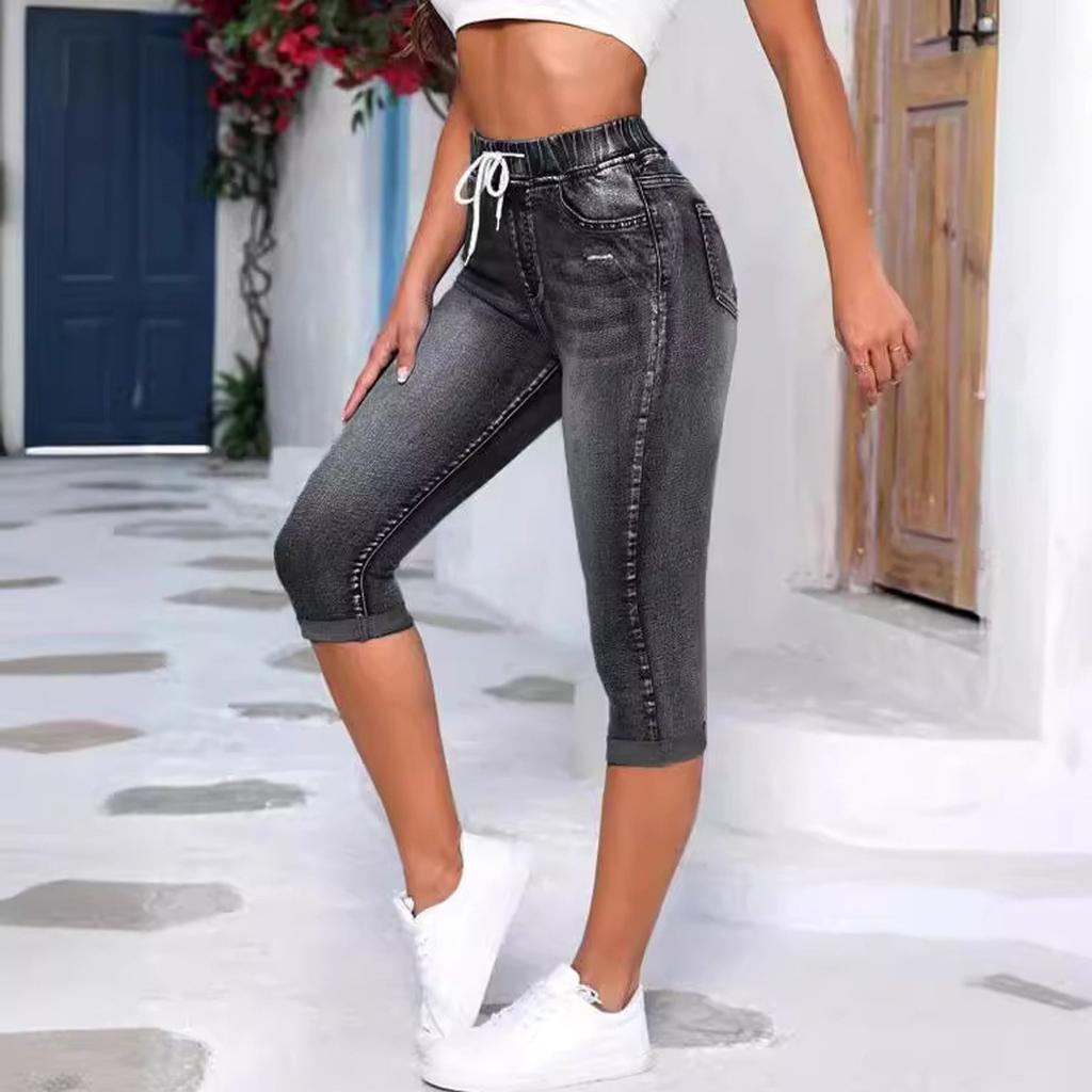 Damskie Jeansy Retro Kolor Wysoki Stan Krótkie Jeansy Sznurek Jeansowe Spodnie