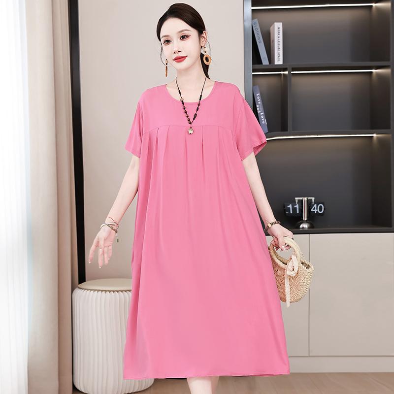 2 Neues hochwertiges florales Baumwoll-Seiden-Kleid für Damen-Sommer-Temperament, Bauchbedeckung für Mütter, große Größe künstliche Baumwolle langer Rock