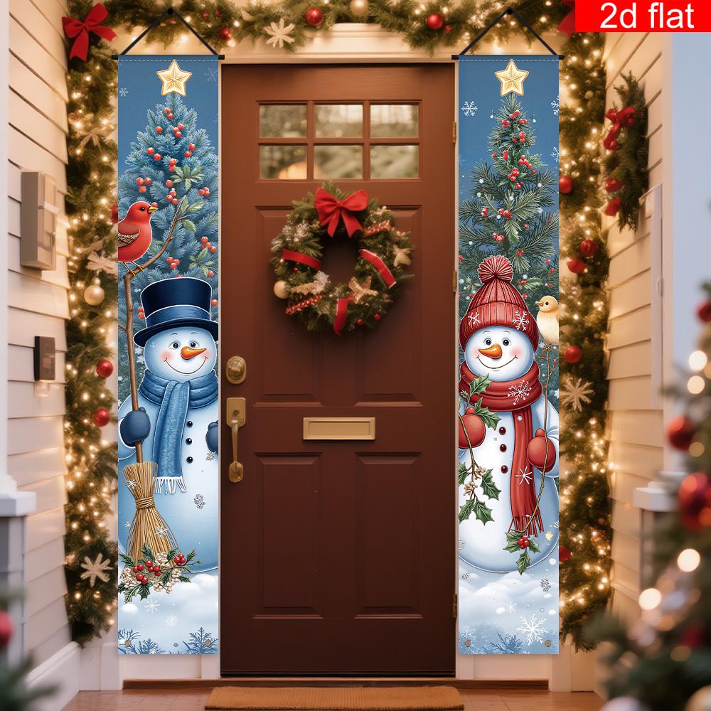 Merry Christmas Door Banner Couple Snowman Snowy Tree Scenes 1 Pair Indoor Outdoor Decor